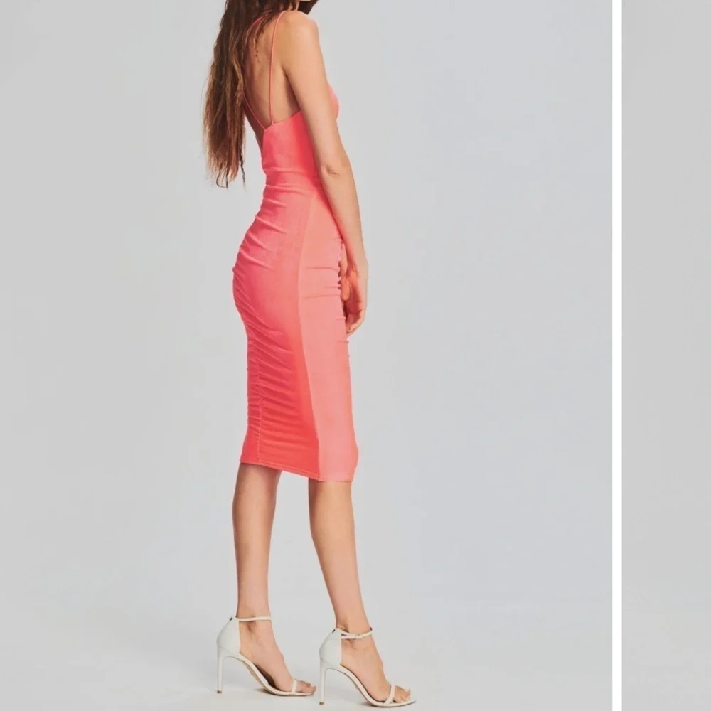 SER.O.YA Ruched Ballor Midi Dress Neon Peach Sexy Bodycon Dreas